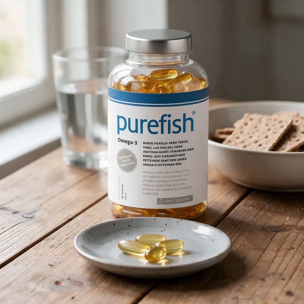 Elexir Pharma Purefish Omega-3 -purkki keittiön pöydällä, vieressä neljä kapselia pienellä lautasella