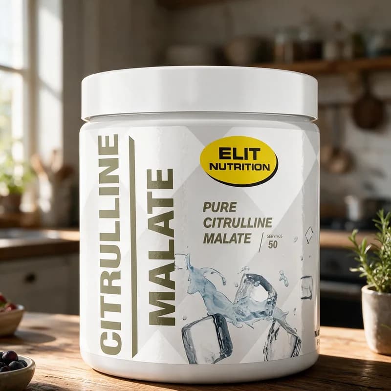 Valkoinen Elit Citrulline Malate -purkki keltaisella logolla puisella keittiön pöydällä