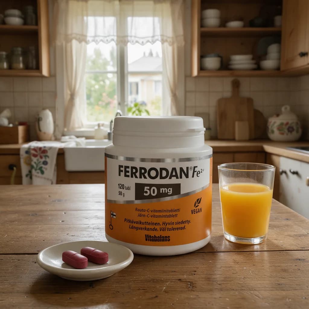Vitabalans Ferrodan Fe2+ 50 mg -purkki puisella keittiön pöydällä, edessä kaksi punaista tablettia lautasella ja appelsiinimehua
