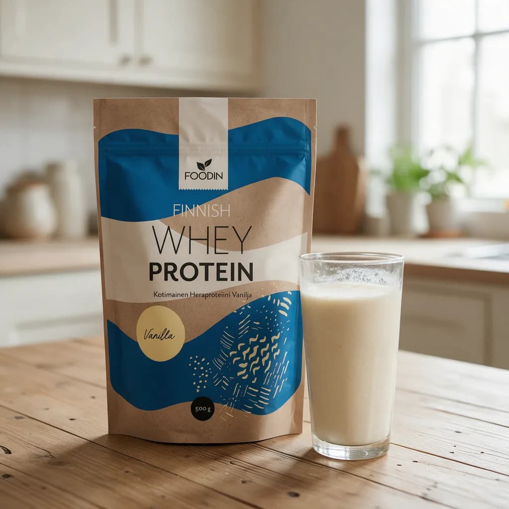 Foodin Finnish Whey Protein Vanilja -pussi keittiön pöydällä smoothielasin vieressä