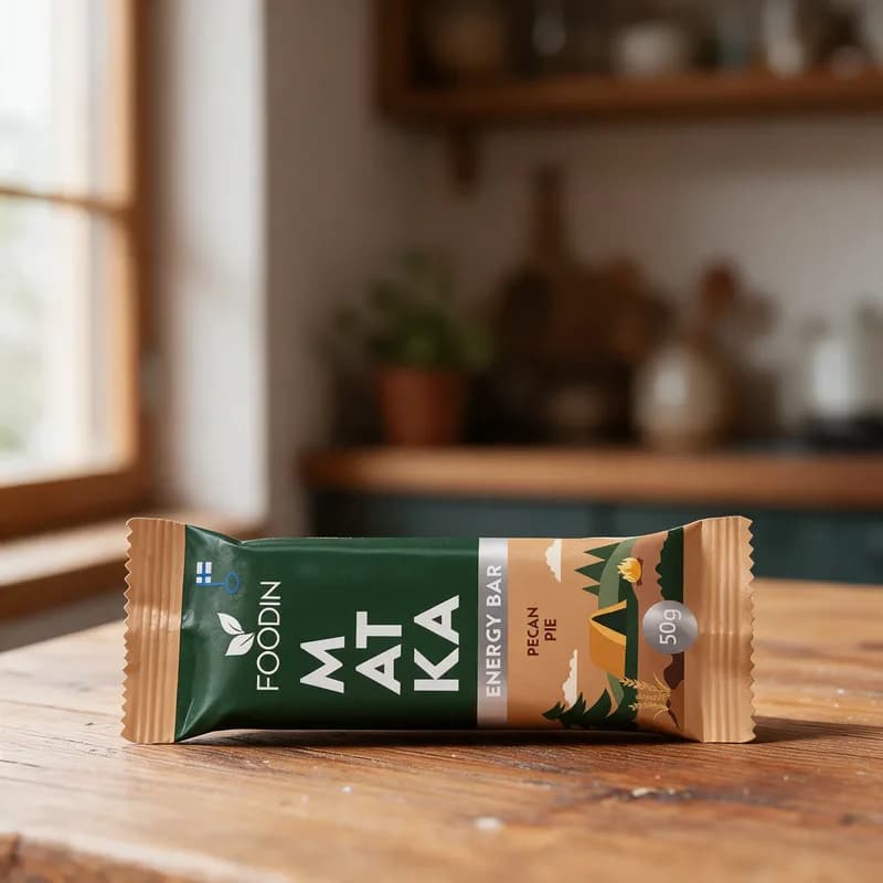 Vihreä ja ruskea Foodin MATKA Energy Bar Pecan Pie -patukka puisella keittiön pöydällä