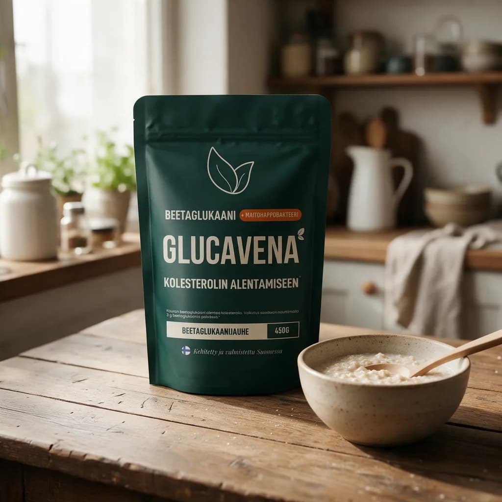 Tummanvihreä Glucavena-jauhepussi puisella keittiön pöydällä, vieressä kulhollinen puuroa ja lusikka