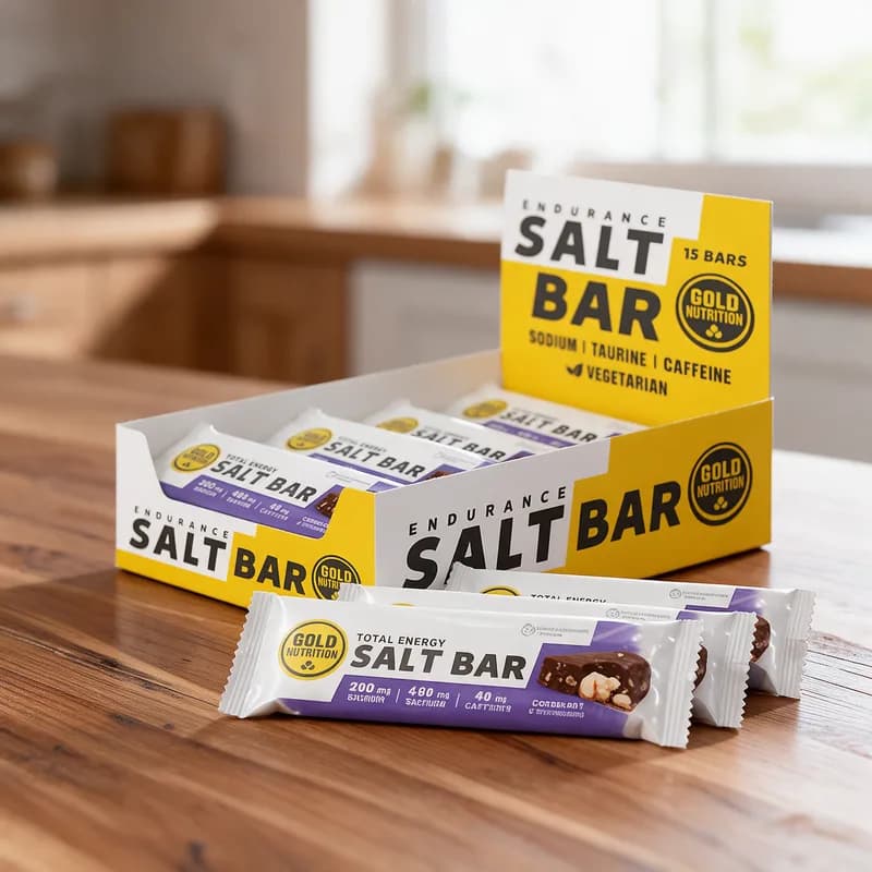 Keltainen Gold Nutrition Salt Bar -laatikko ja patukoita puisella keittiön pöydällä