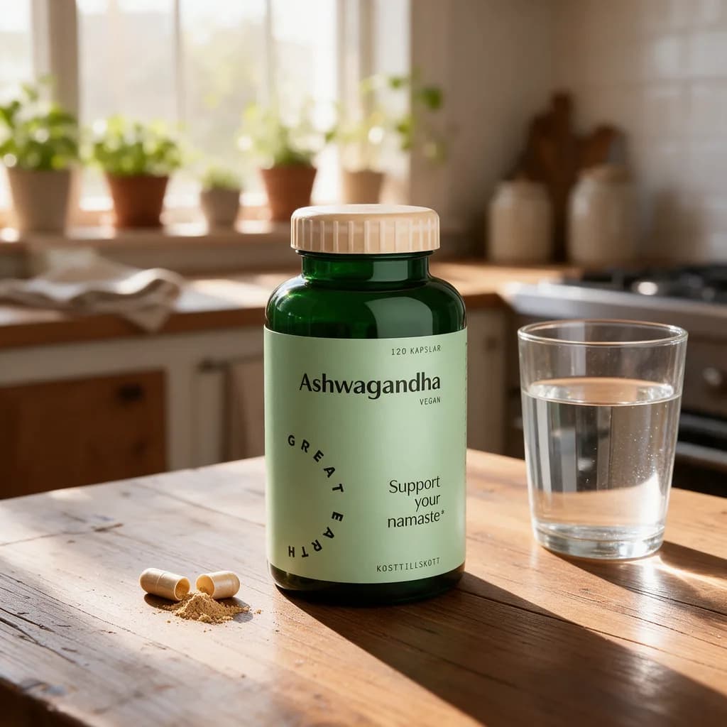 Vihreä Great Earth Ashwagandha -purkki puisella keittiön pöydällä, edessä avattu kapseli ja lasillinen vettä