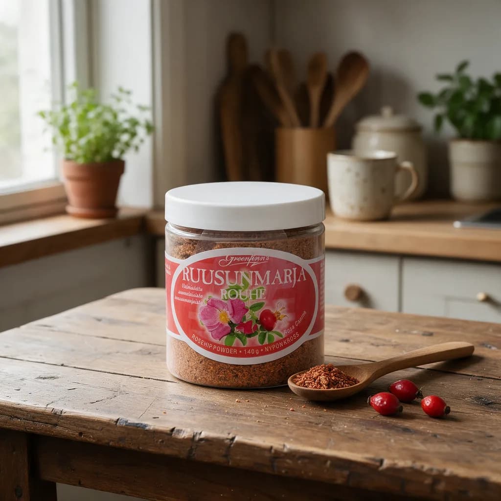 Läpinäkyvä Greenfinn's Ruusunmarja Rouhe -purkki valkoisella kannella puisella keittiön pöydällä