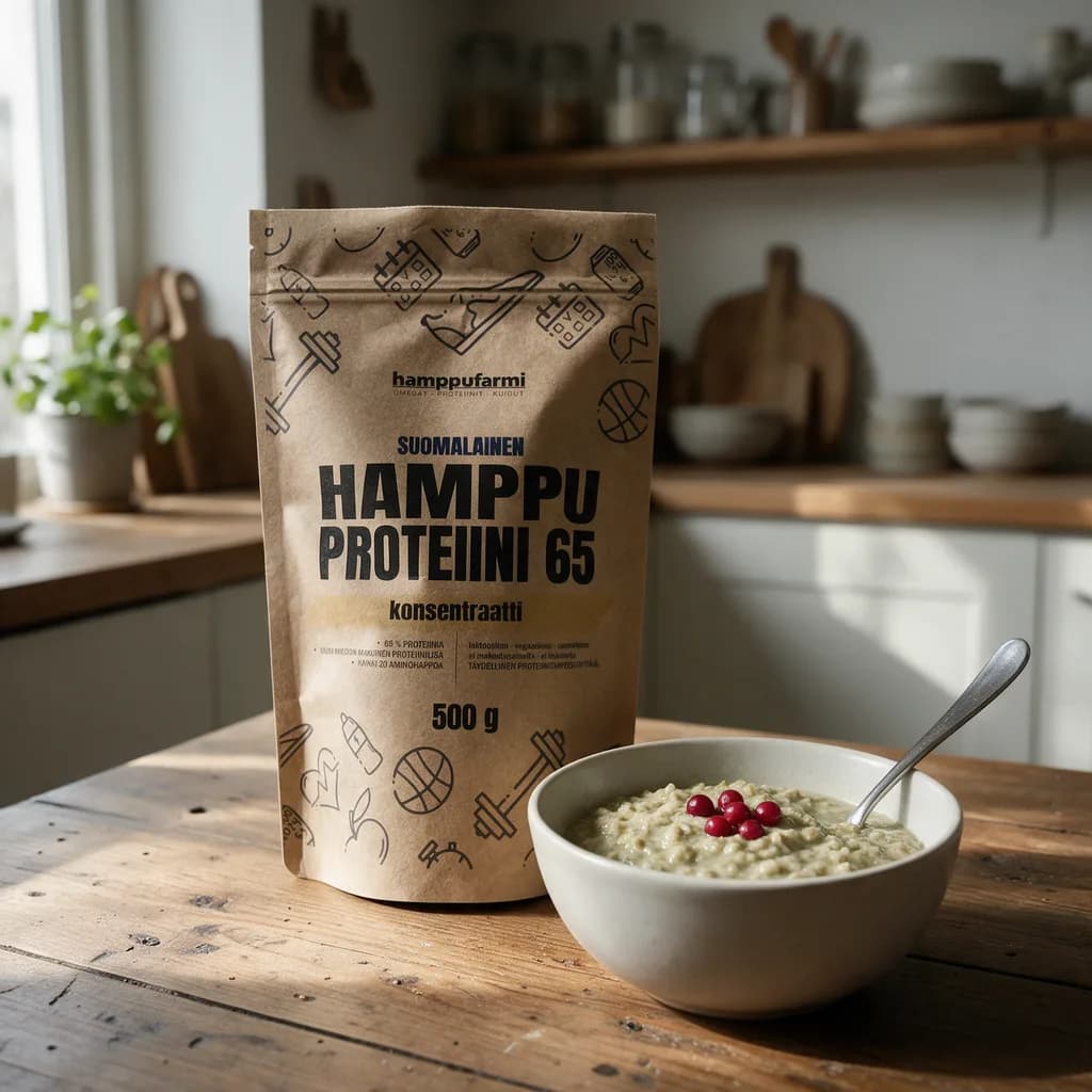 Hamppufarmi Hamppuproteiini 65 -pussi puisella keittiön pöydällä puurokulhon vieressä, puuron päällä puolukoita