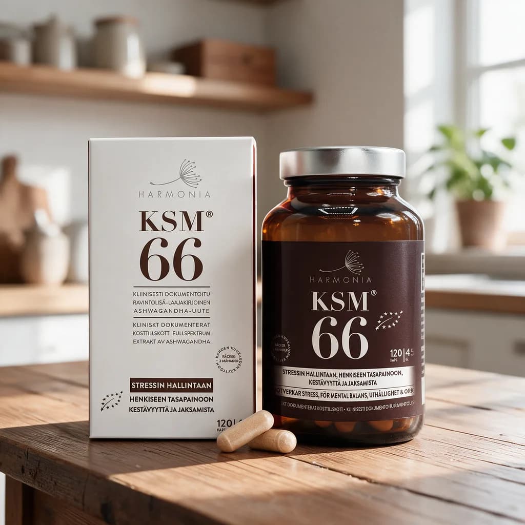 Harmonia KSM66 -purkki ja valkoinen pakkaus puisella keittiön pöydällä, edessä kaksi beigeä kapselia