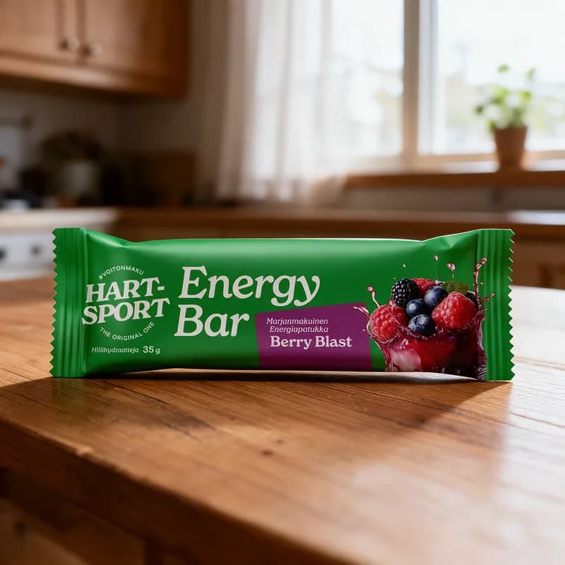 Vihreä Hart-Sport Energy Bar Berry Blast -patukka puisella keittiön pöydällä