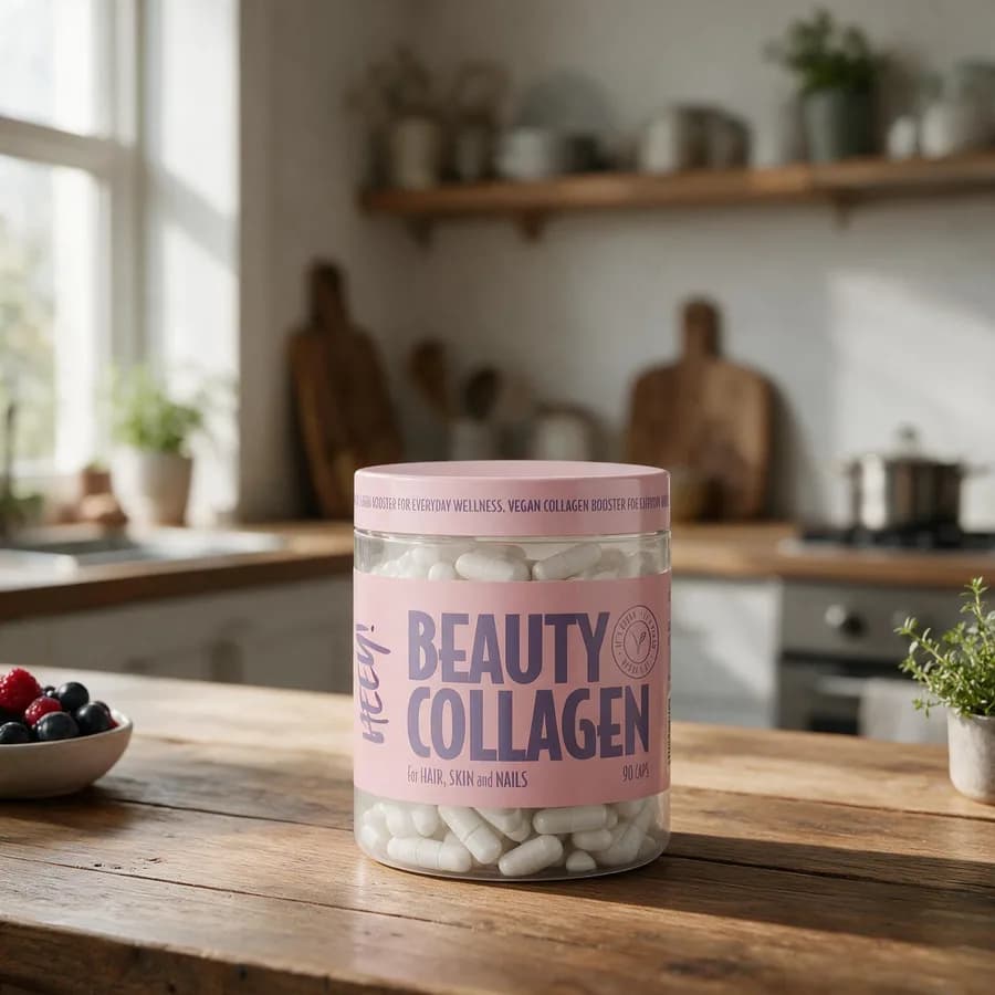 Vaaleanpunainen Heey! Beauty Collagen -purkki valkoisine kapseleineen puisella keittiön pöydällä