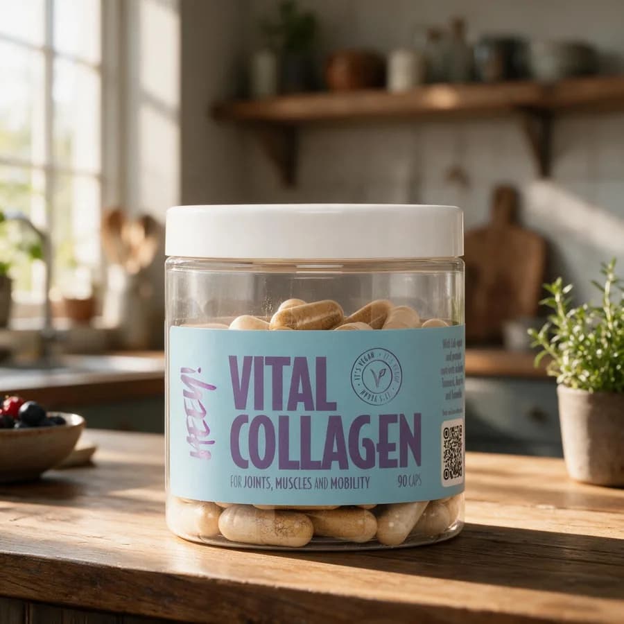 Vaaleansininen Heey! Vital Collagen -purkki beigeine kapseleineen puisella keittiön pöydällä