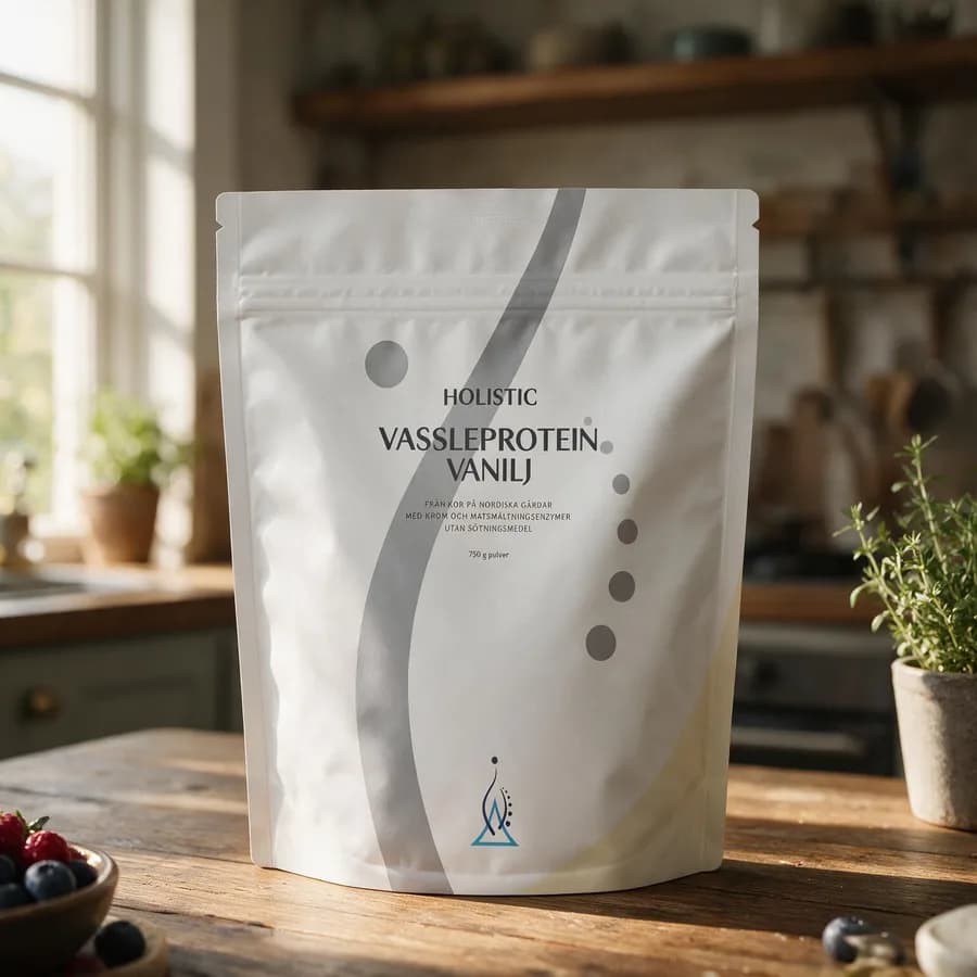 Holistic Vassleprotein Vanilj -pussi puisella keittiön työtasolla