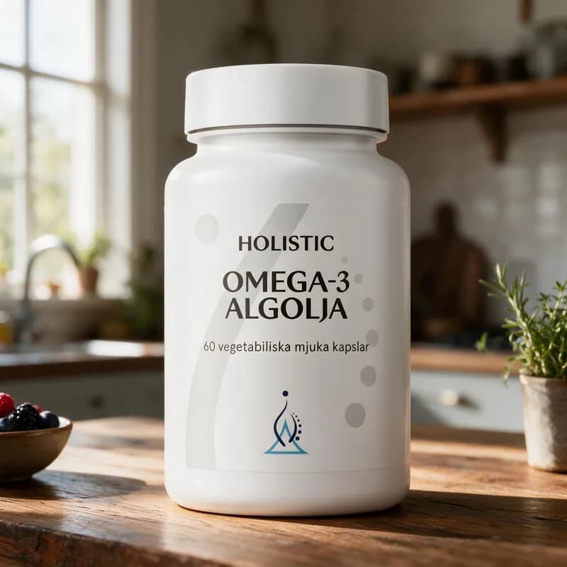 Valkoinen Holistic Omega-3 Algolja -purkki puisella keittiön pöydällä aamuvalossa, taustalla yrttiruukku