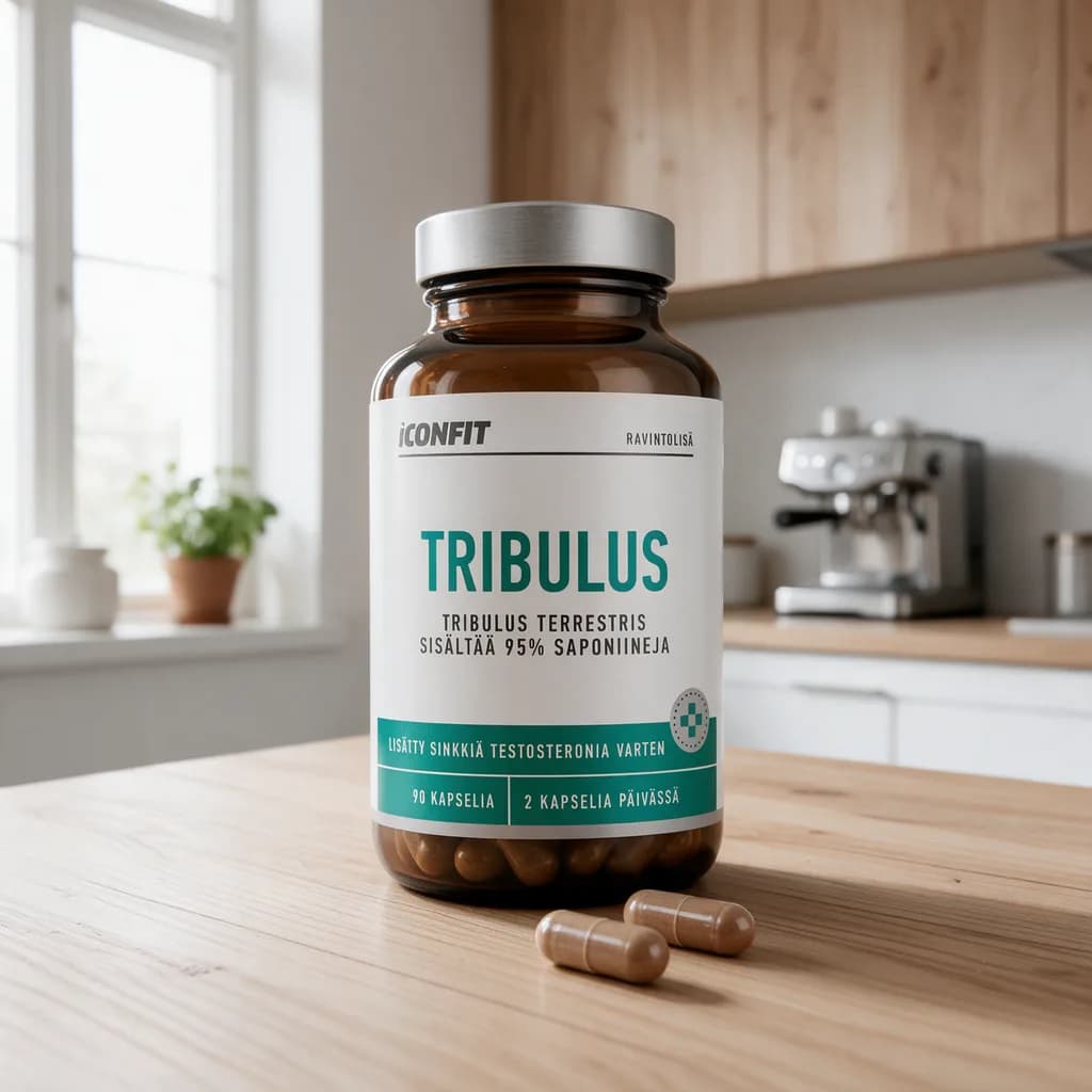 ICONFIT Tribulus -purkki valkoisella ja vihreällä etiketillä puisella keittiön pöydällä, edessä kaksi kapselia