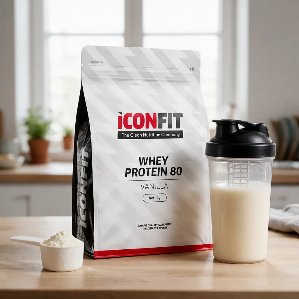 ICONFIT Whey Protein 80 Vanilla -pussi keittiön työtasolla shakerin vieressä