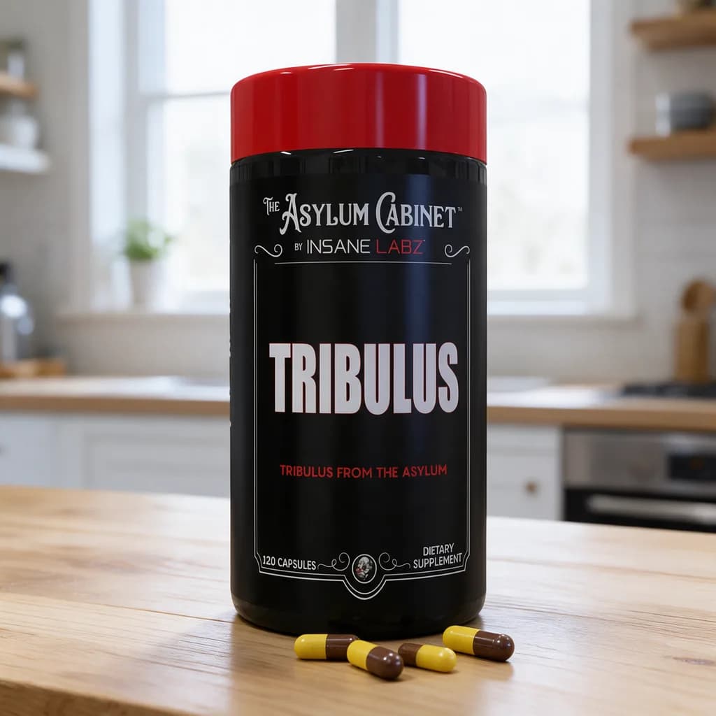 Musta Insane Labz Tribulus -purkki punaisella kannella puisella keittiön pöydällä, edessä kapseleita