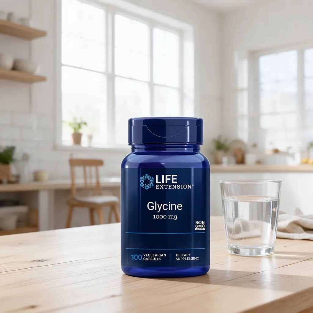 Tummansininen Life Extension Glycine -kapselipurkki puisella keittiön pöydällä