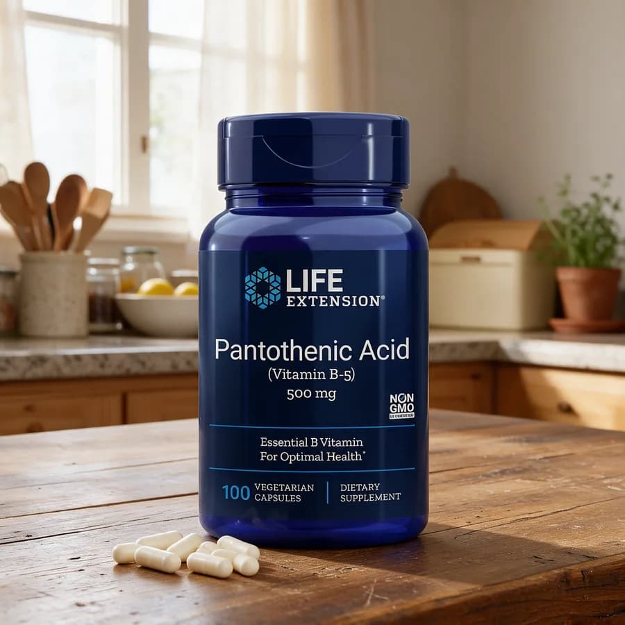 Tummansininen Life Extension Pantothenic Acid -purkki sinisellä kannella puisella keittiön pöydällä, edessä muutama vaalea kapseli