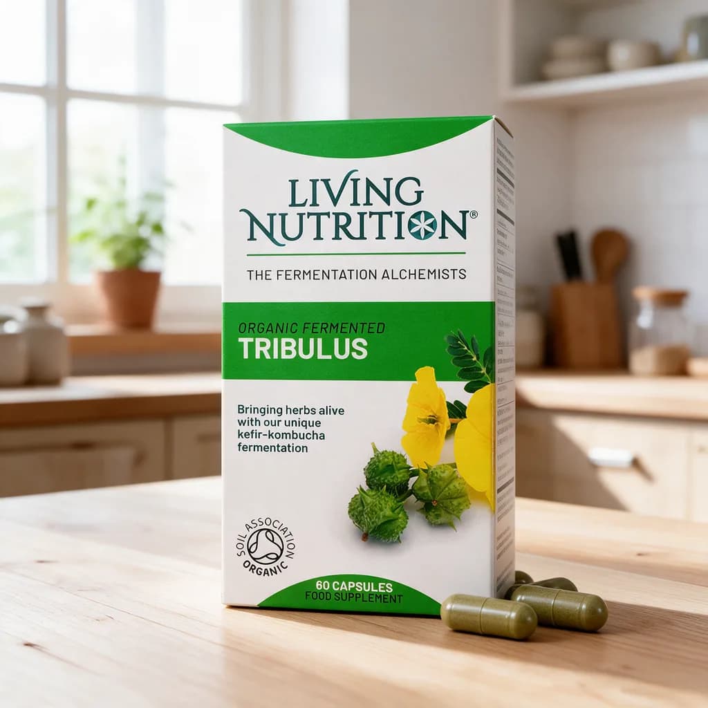 Valkoinen ja vihreä Living Nutrition Tribulus -rasia puisella keittiön pöydällä, vieressä kapseleita