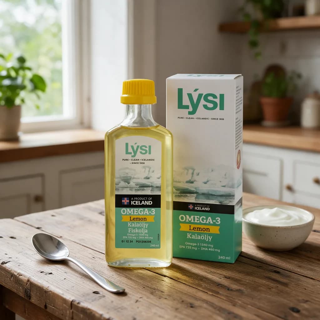 Lysi Omega-3 Lemon -pullo ja pahvipakkaus puisella keittiön pöydällä teelusikan ja jogurttikulhon vieressä