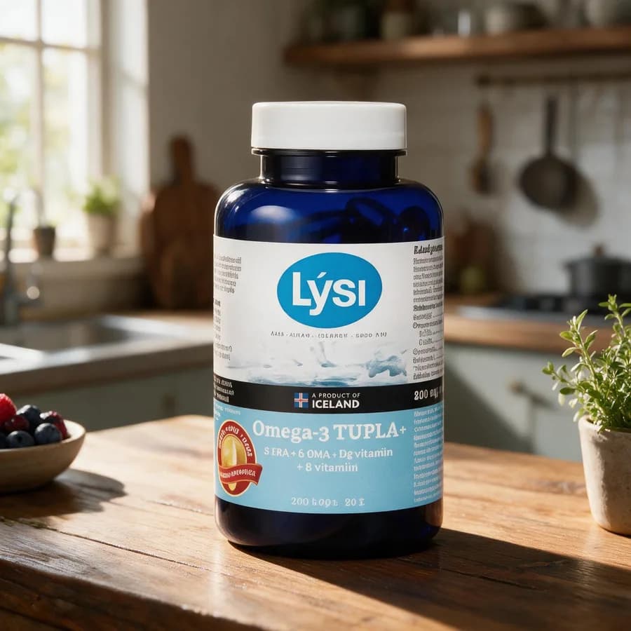 Lysi Omega-3 Tupla+ -purkki keittiön puupöydällä aamuvalossa