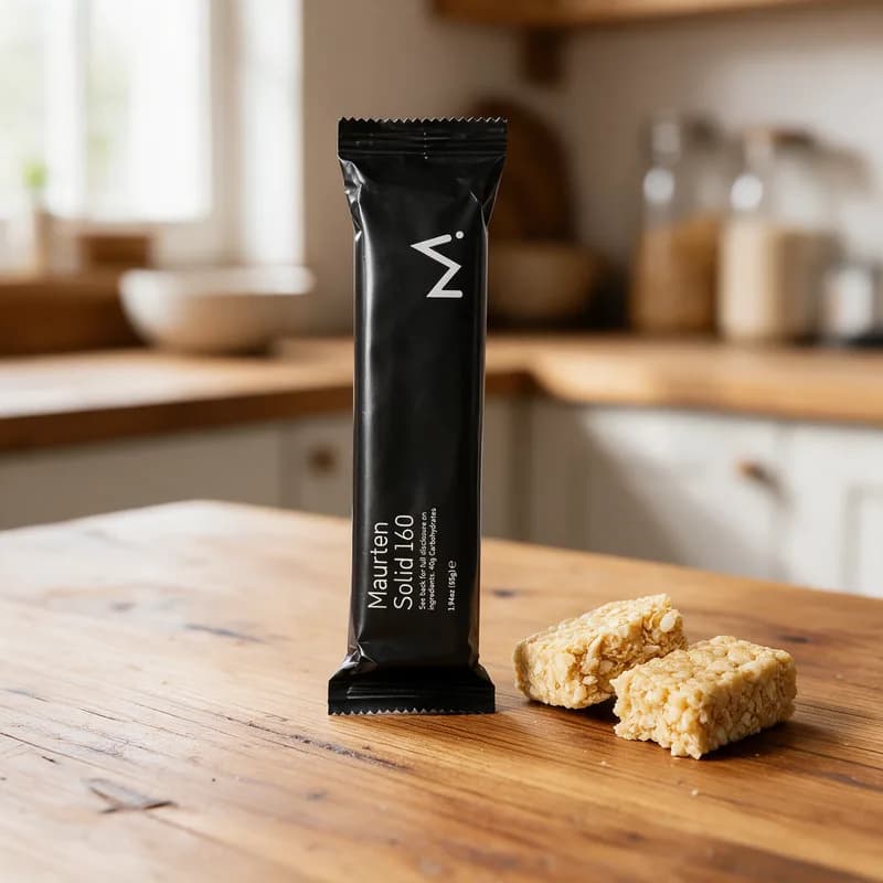Musta Maurten Solid 160 -kääre ja kaksi kauraista patukanpalaa puisella keittiön pöydällä