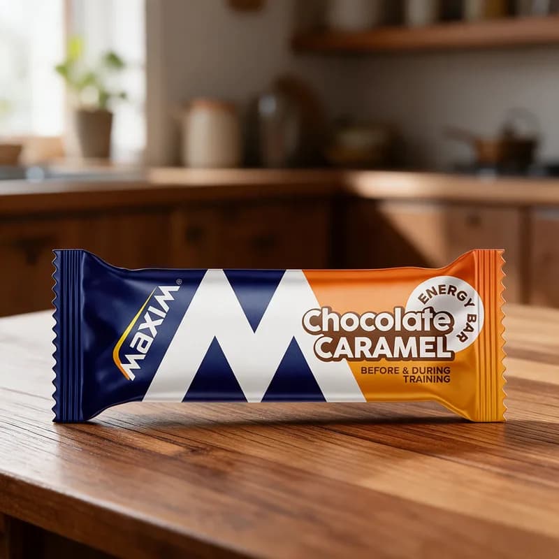 Sininen ja oranssi Maxim Energy Bar Chocolate Caramel -patukka puisella keittiön pöydällä