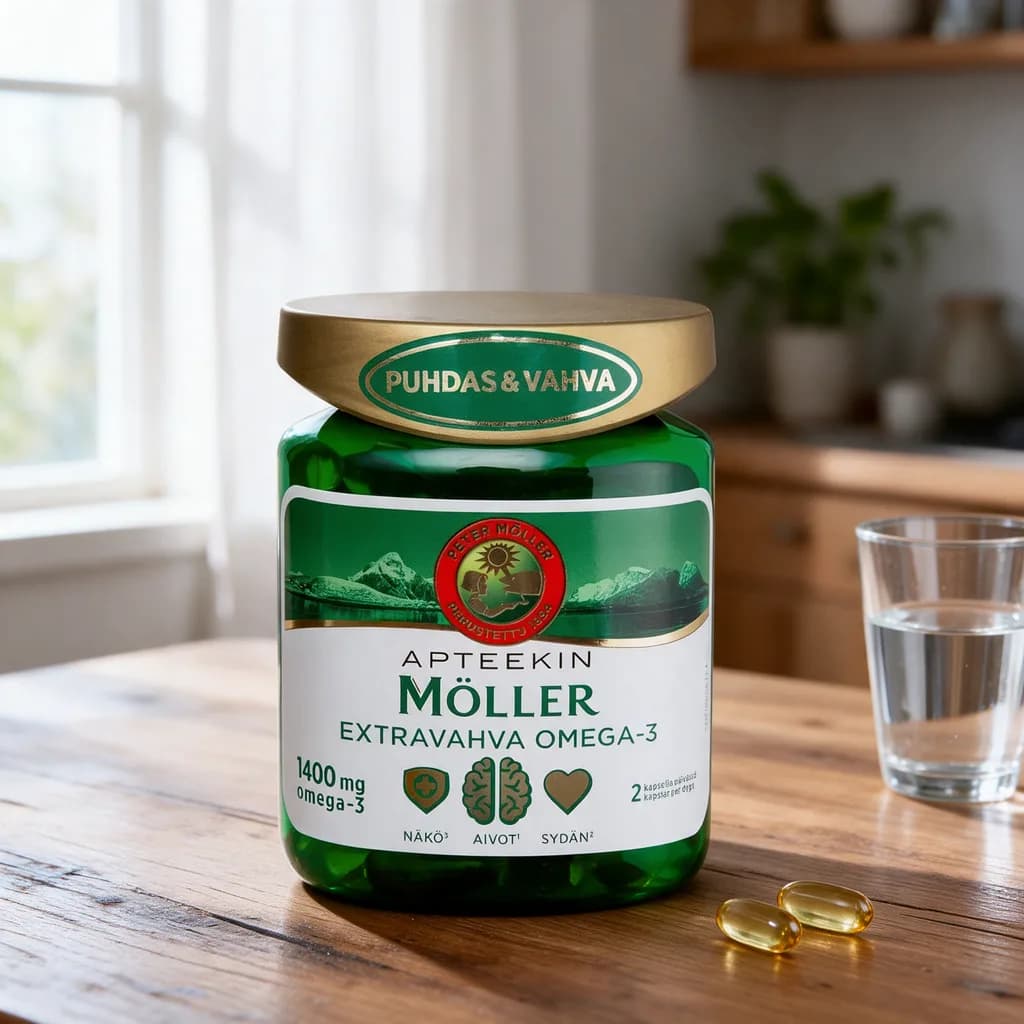 Apteekin Möller Extravahva Omega-3 -purkki puisella keittiön pöydällä kahden kapselin ja vesilasin vieressä