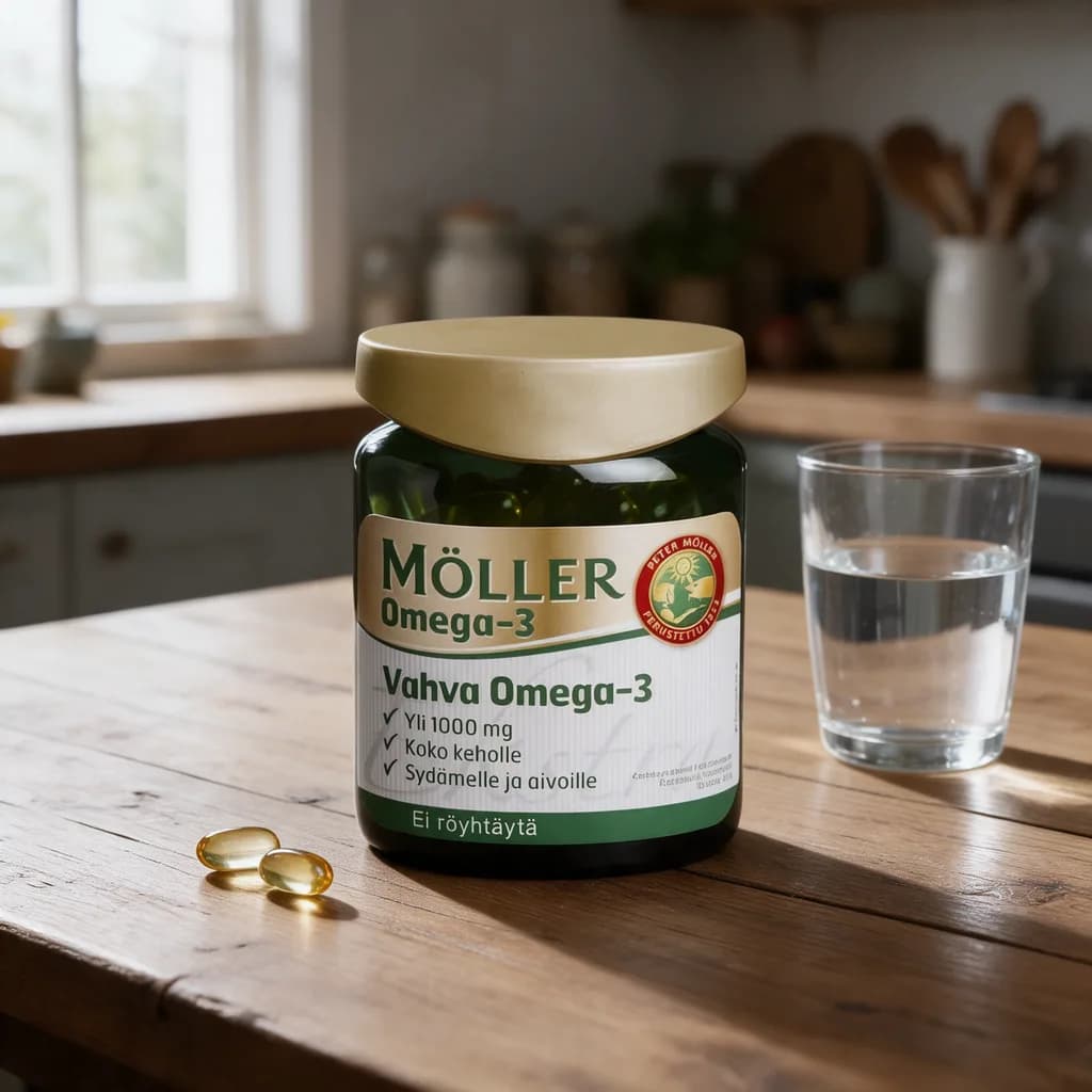 Möller Vahva Omega-3 -lasipurkki puisella keittiön pöydällä, edessä kaksi kapselia ja vesilasi