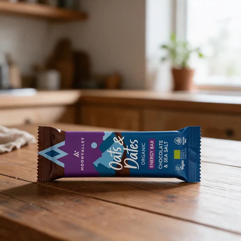 Violetti ja sininen Moonvalley Oats & Dates -luomupatukka puisella keittiön pöydällä