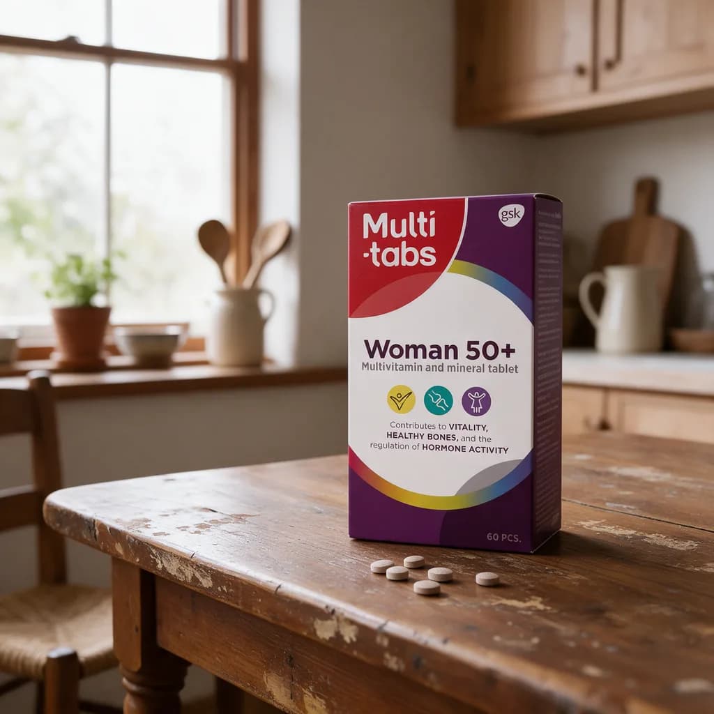 Violetti Multi-tabs Woman 50+ -pakkaus puisella keittiön pöydällä, edessä muutama tabletti