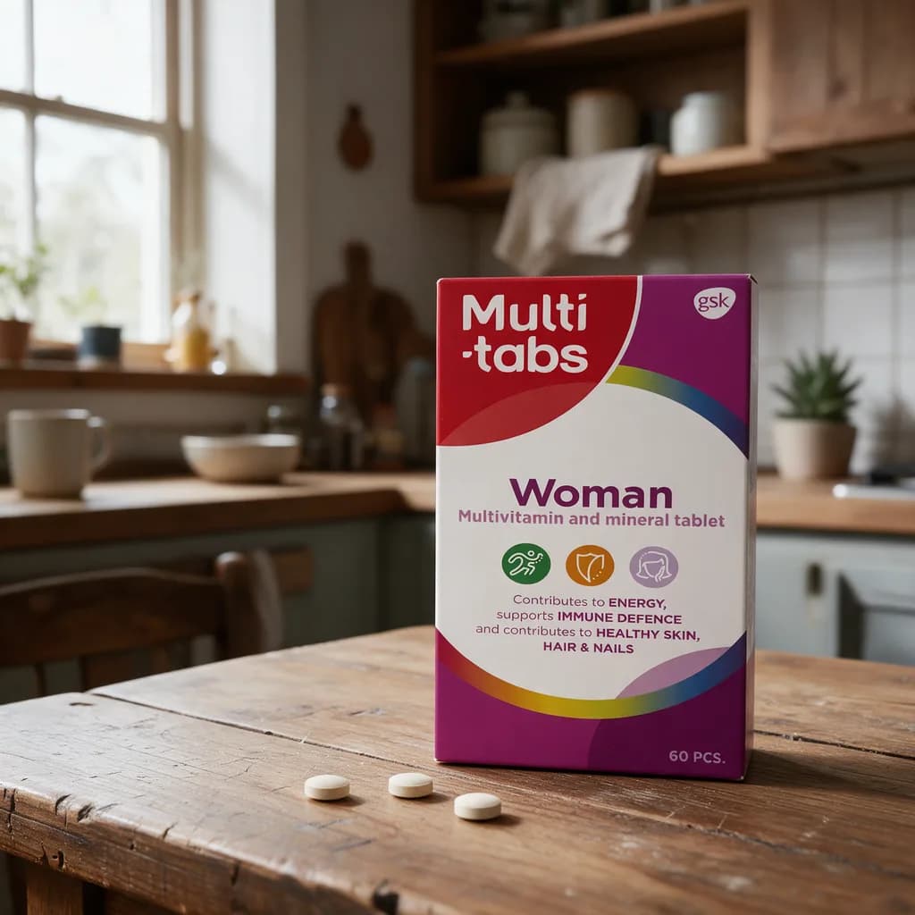 Violetti-punainen Multi-tabs Woman -pakkaus puisella keittiön pöydällä, edessä muutama tabletti