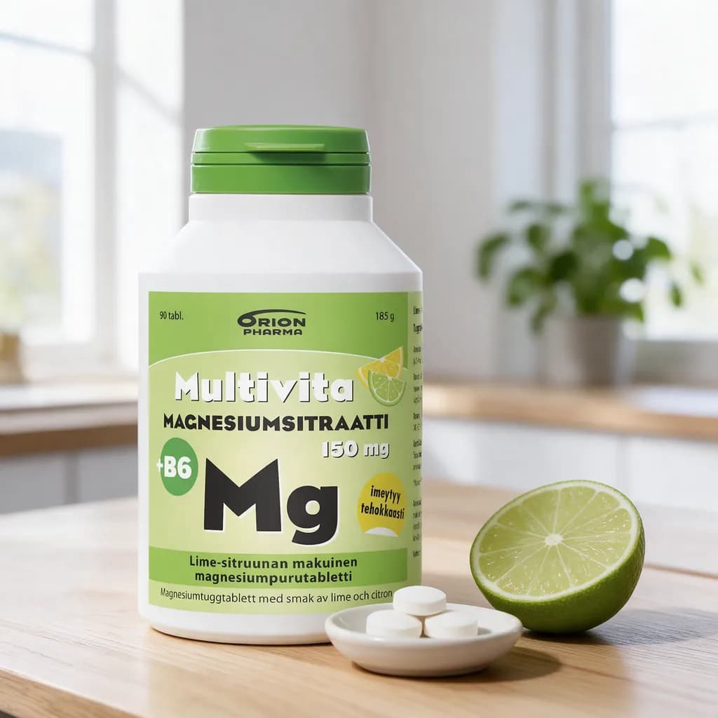 Multivita Magnesiumsitraatti -purkki, purutabletteja ja limenpuolikas keittiön pöydällä