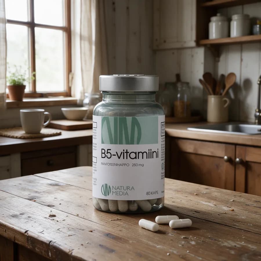 Läpinäkyvä Natura Media B5-vitamiini -purkki hopeisella kannella ja vaaleanvihreällä etiketillä puisella keittiön pöydällä, edessä muutama kapseli