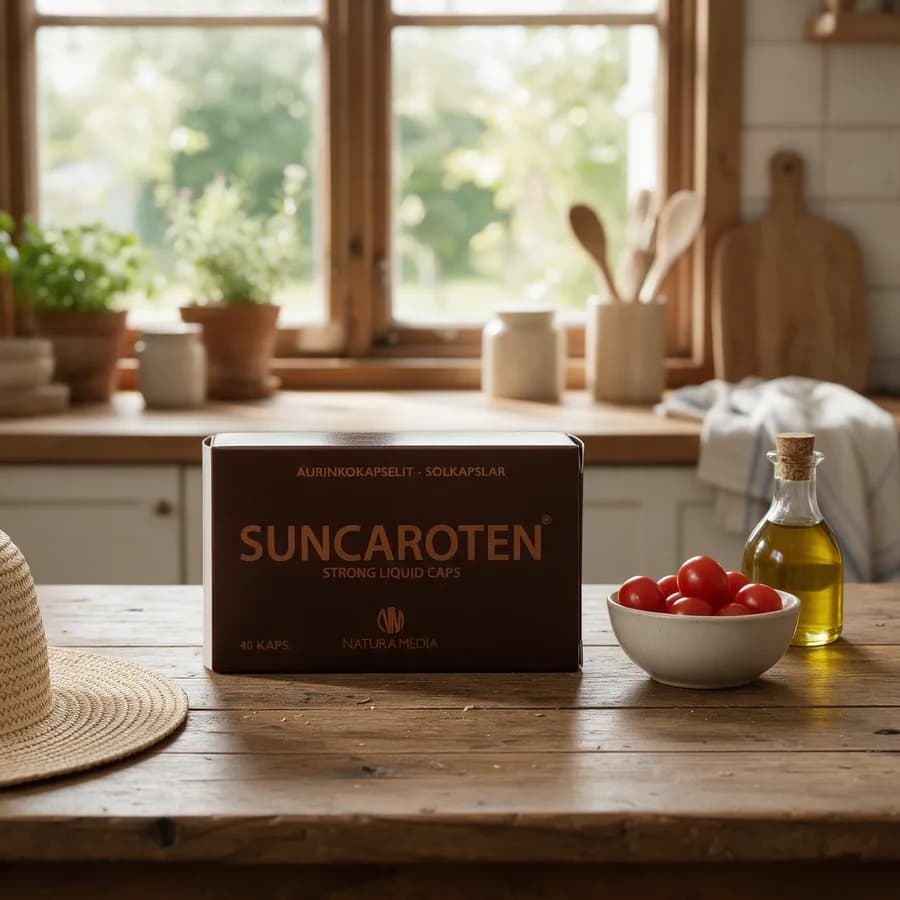 Natura Media SunCaroten -rasia puisella keittiön työtasolla
