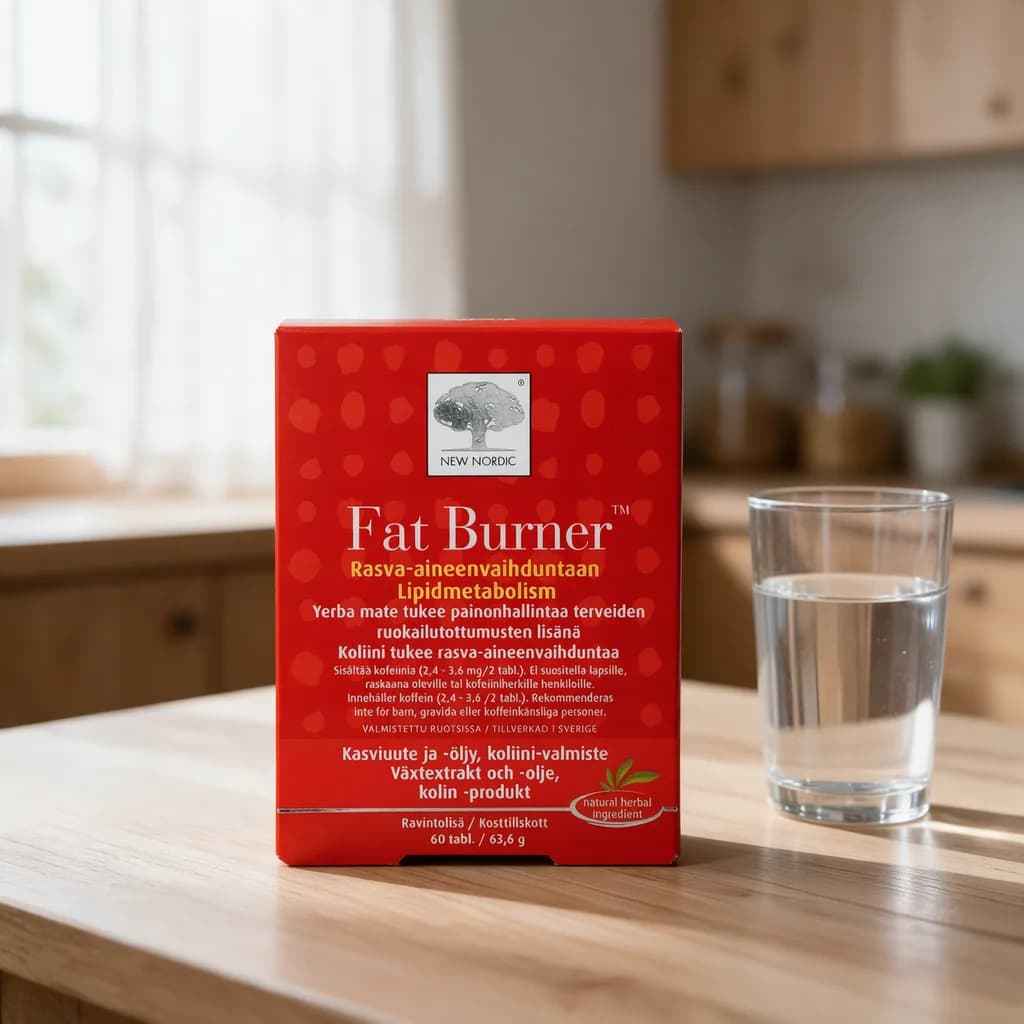 Punainen New Nordic Fat Burner -rasia ja lasillinen vettä puisella keittiön pöydällä