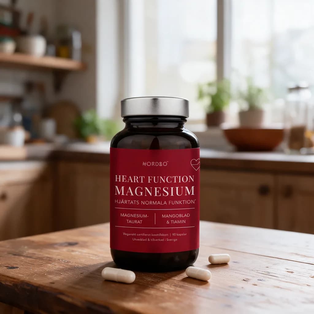 Tumma Nordbo Heart Function Magnesium -lasipurkki punaisella etiketillä puisella keittiön pöydällä, edessä muutama kapseli