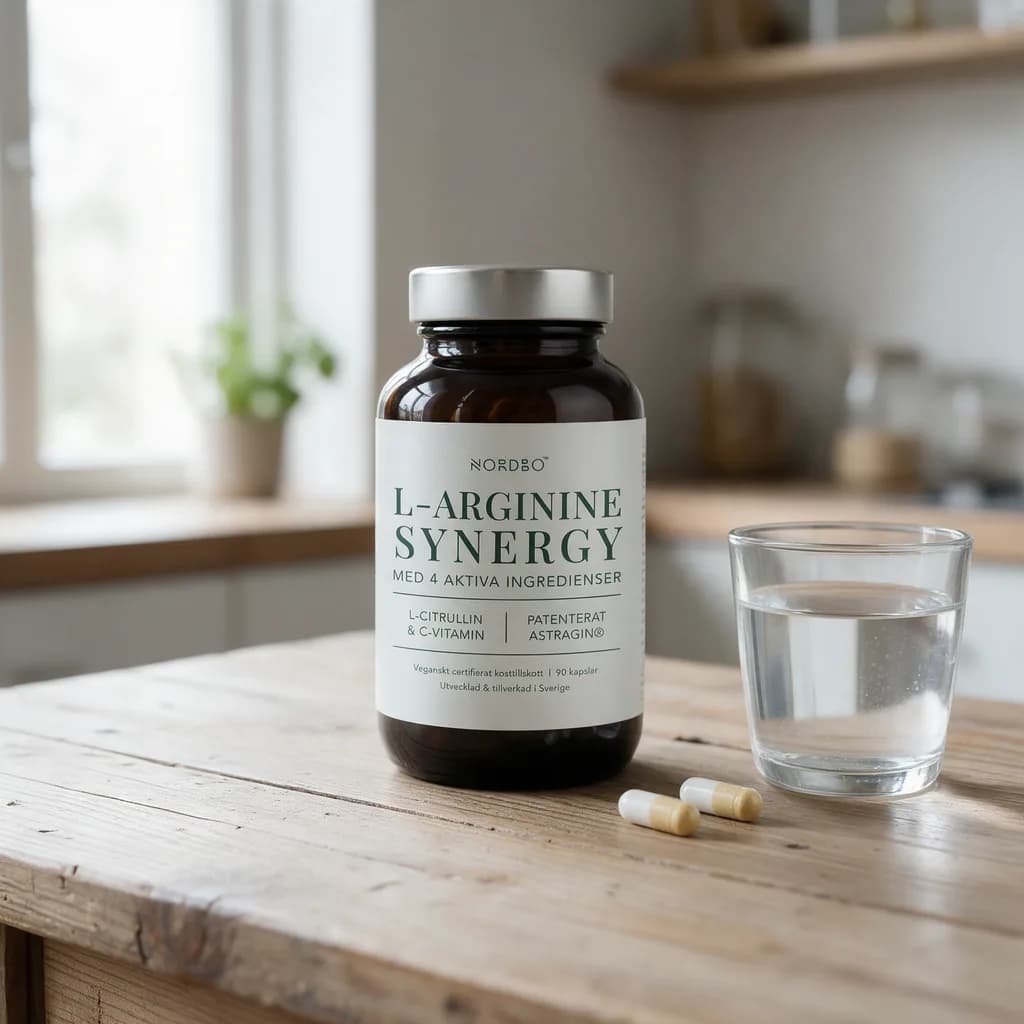 Nordbo L-Arginine Synergy -lasipurkki puisella keittiön pöydällä vesilasin ja kahden kapselin vieressä