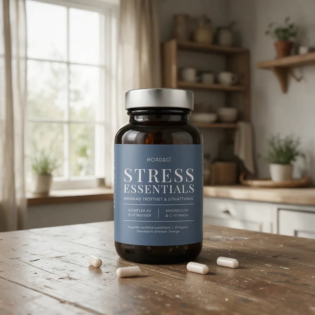 Tumma Nordbo Stress Essentials -lasipurkki hopeisella kannella ja siniharmaalla etiketillä puisella keittiön pöydällä, edessä muutama kapseli