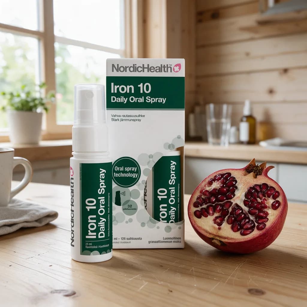 Nordic Health Iron 10 -suihkepullo ja pakkaus puisella pöydällä puolitetun granaattiomenan vieressä