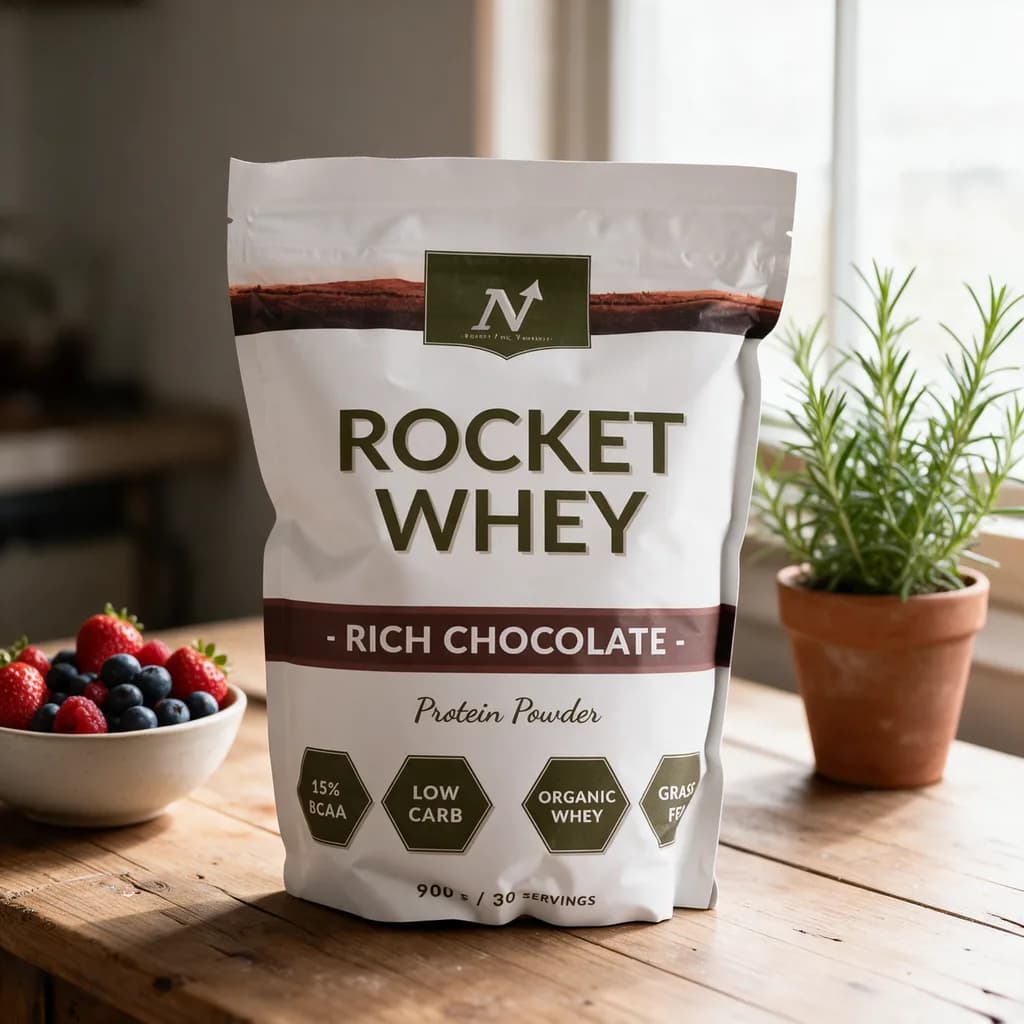 Nyttoteket Rocket Whey Rich Chocolate -pussi puisella keittiön pöydällä marjakulhon ja yrttiruukun vieressä