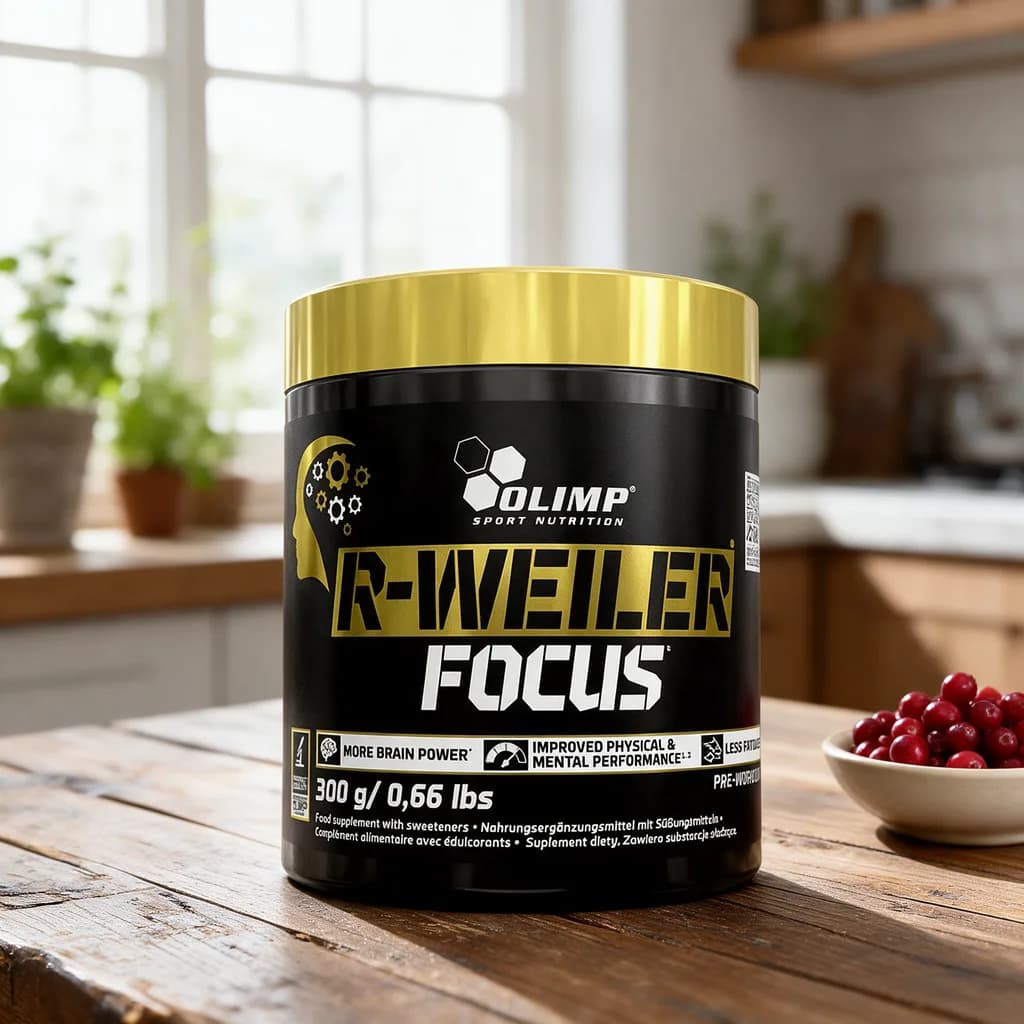 Musta Olimp R-weiler Focus -purkki kultaisella kannella puisella keittiön pöydällä karpalokulhon vieressä