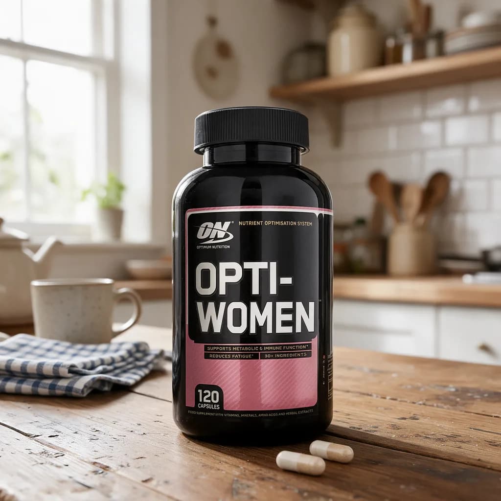 Musta Opti-Women-purkki vaaleanpunaisella etiketillä puisella keittiön pöydällä, edessä muutama kapseli