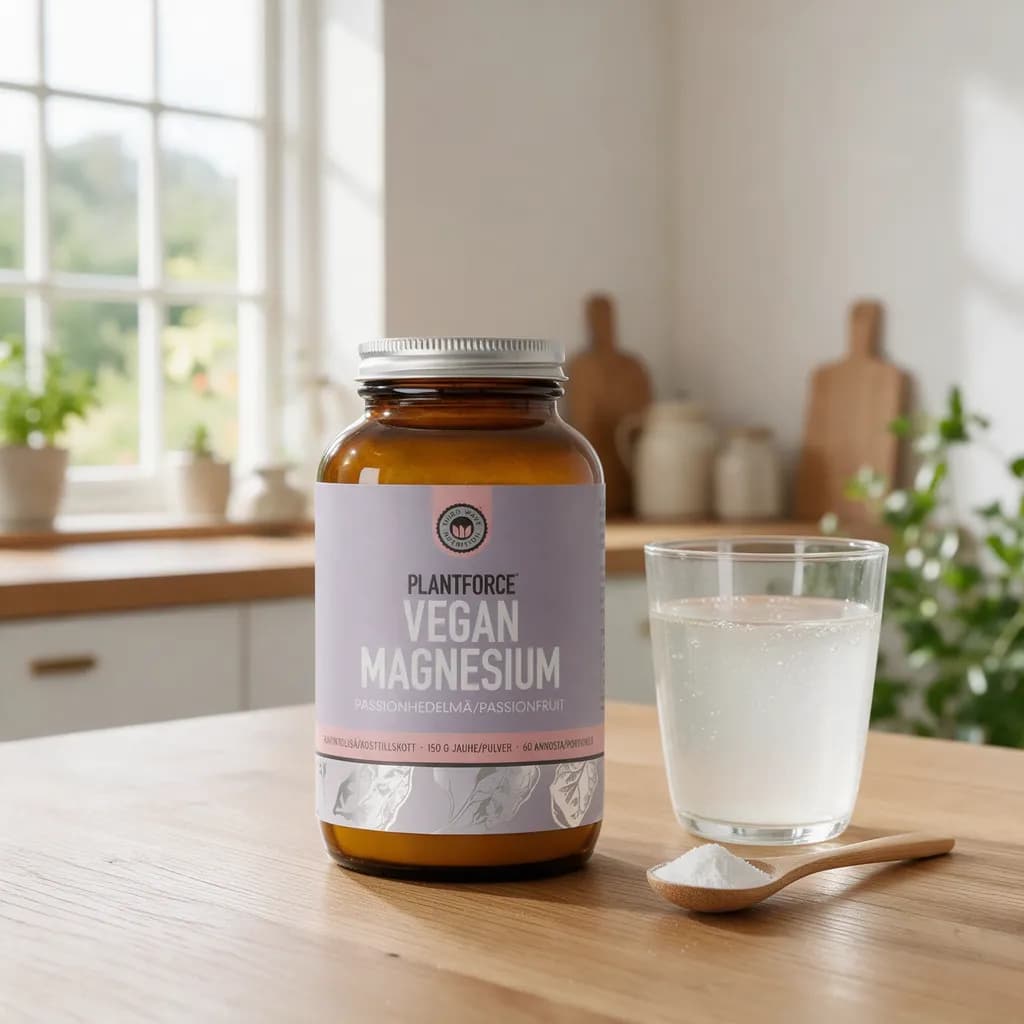 Plantforce Vegan Magnesium -purkki, vesilasi ja lusikallinen jauhetta keittiön pöydällä