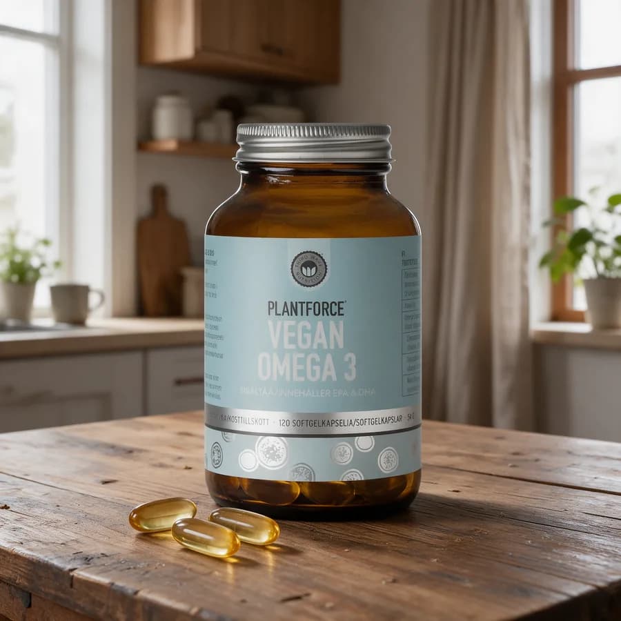 Ruskea Plantforce Vegan Omega 3 -lasipurkki vaaleansinisellä etiketillä puisella pöydällä, edessä muutama kullanruskea softgel