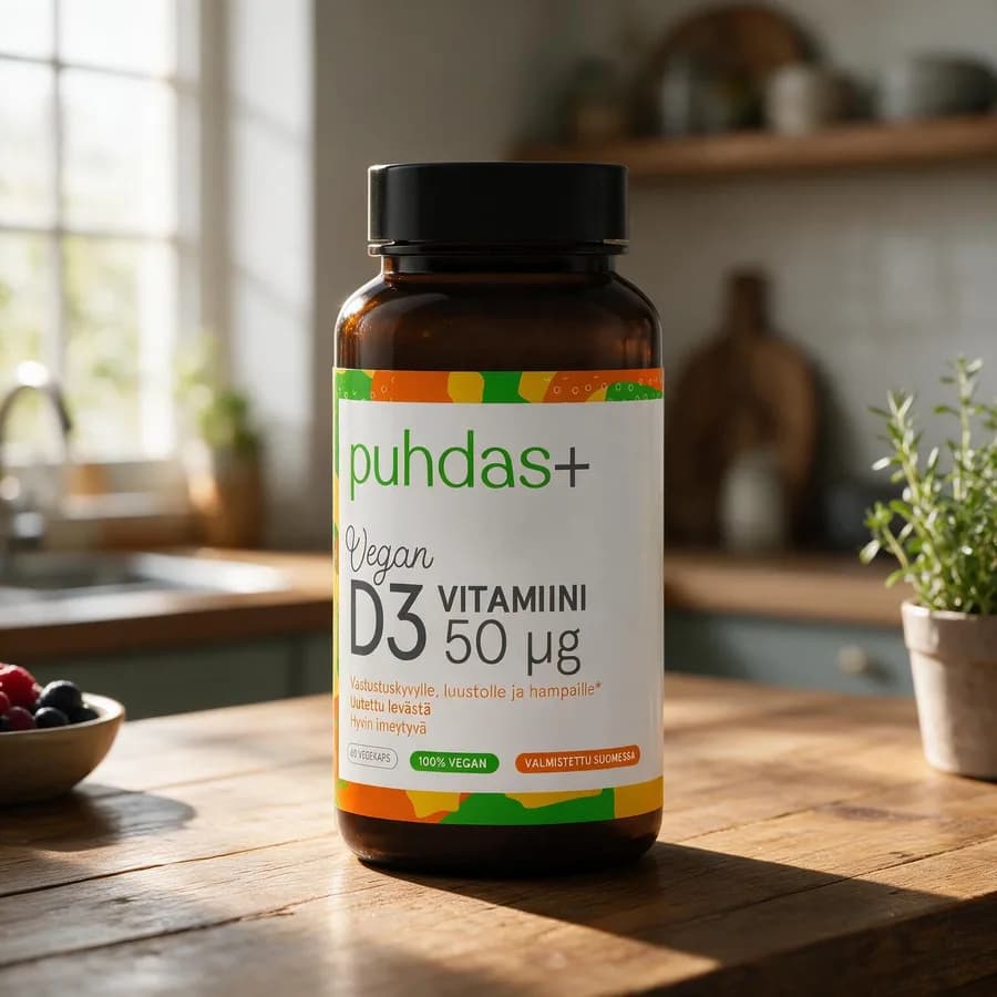 Ruskea Puhdas+ Vegan D3 -purkki mustalla kannella puisella keittiön pöydällä aamuvalossa, vieressä yrttiruukku