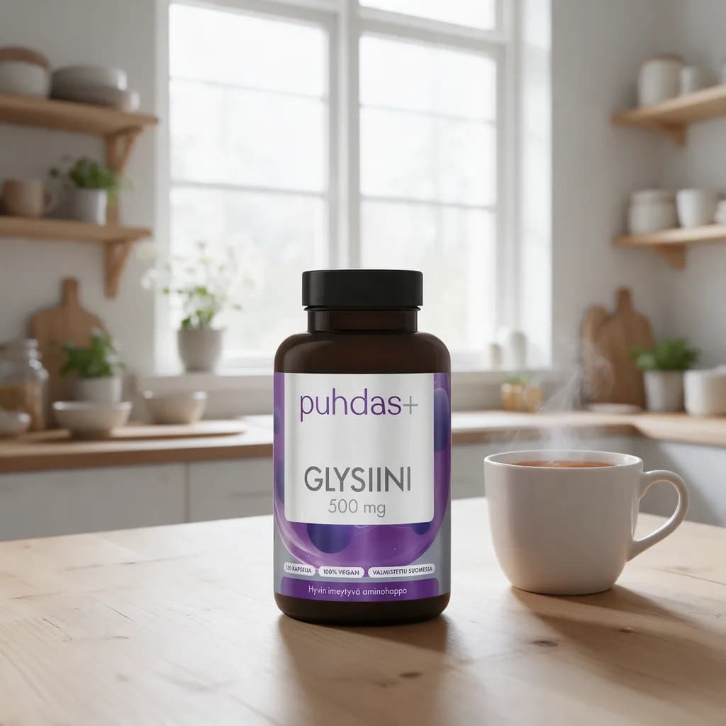 Tummanruskea Puhdas+ Glysiini 500 mg -kapselipurkki mustalla etiketillä puisella keittiön pöydällä