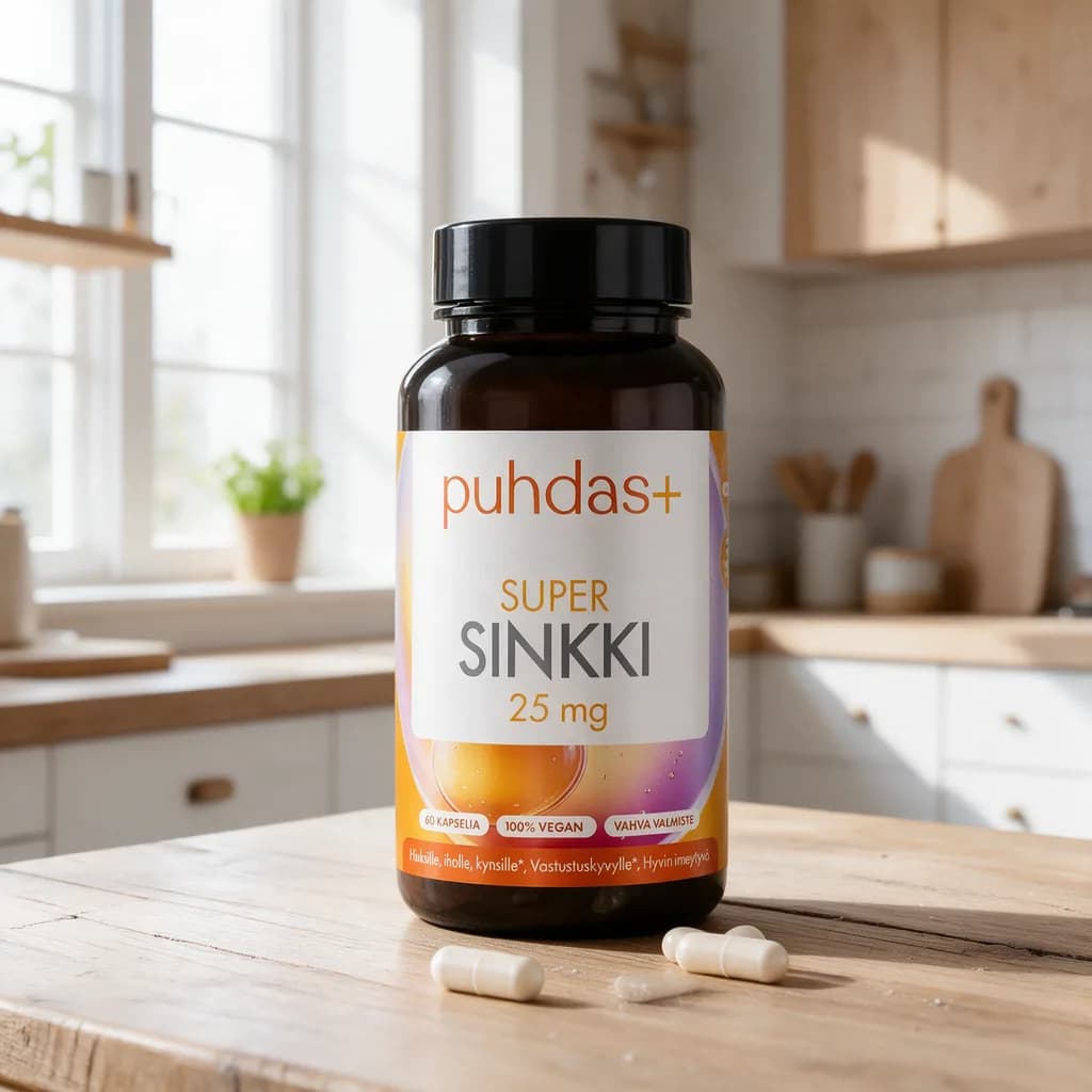 Tumma Puhdas+ Super Sinkki -purkki oranssinsävyisellä etiketillä puisella keittiön pöydällä, edessä muutama vaalea kapseli