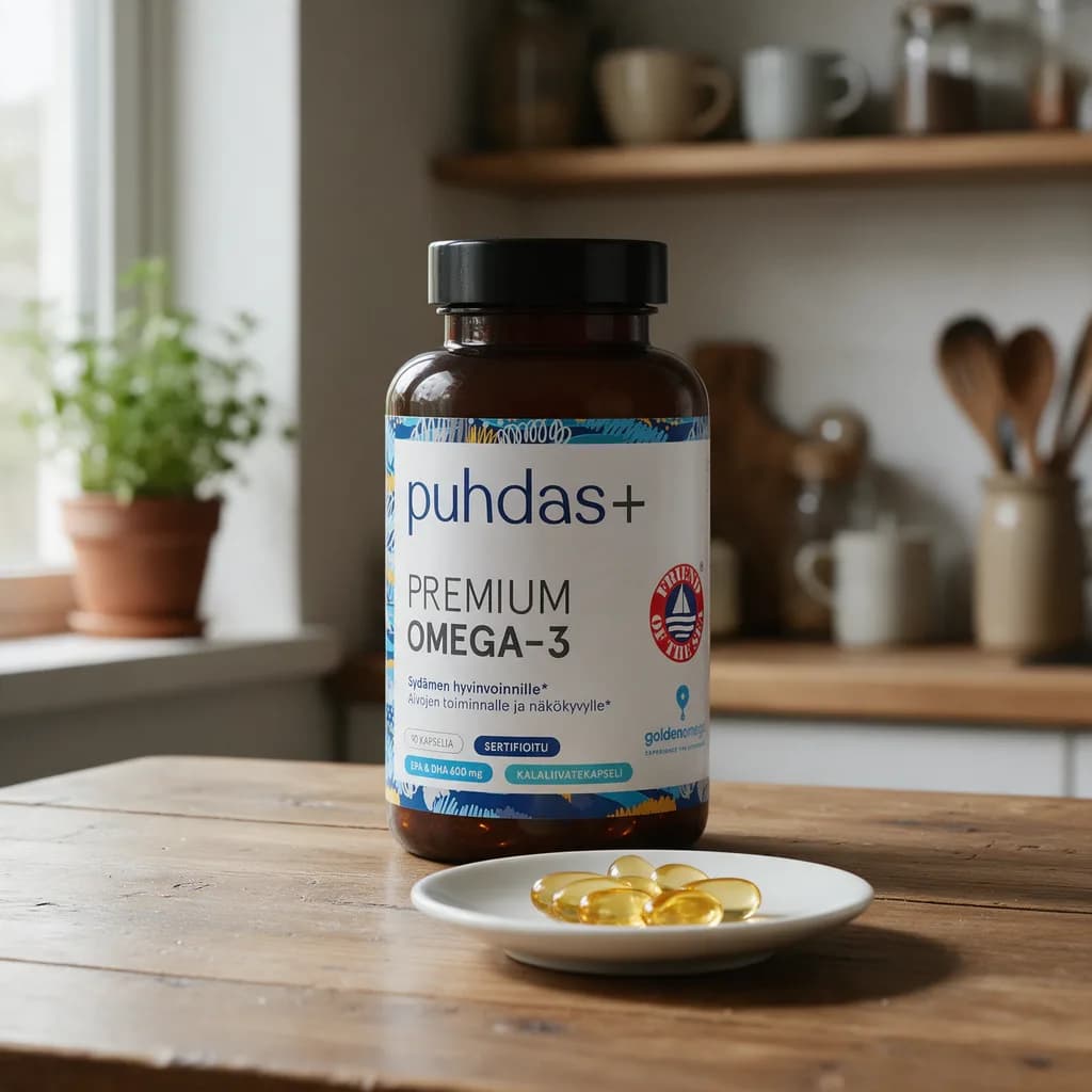 Puhdas+ Premium Omega-3 -purkki puisella keittiön pöydällä, edessä kultaisia kapseleita lautasella