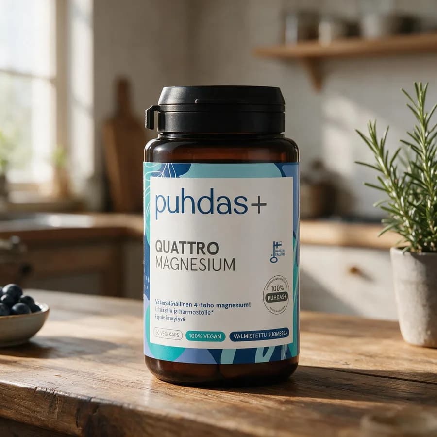 Puhdas+ Quattro Magnesium -purkki keittiön työtasolla