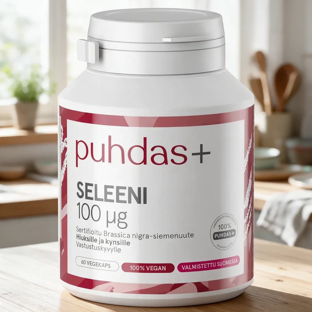 Valkoinen Puhdas+ Seleeni -purkki punaisella ja vaaleanpunaisella etiketillä puisella keittiön pöydällä aamuvalossa